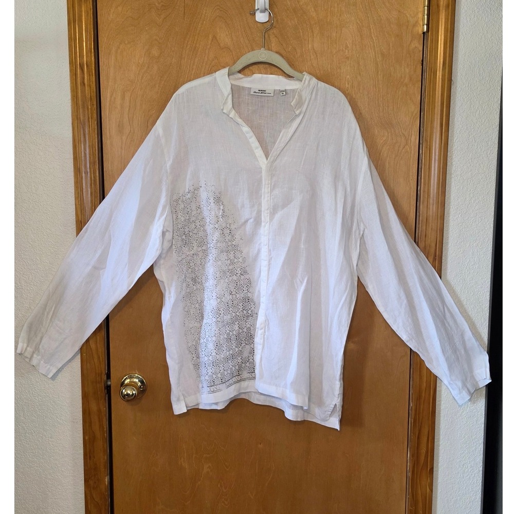 Murano Baird McNutt Linen Shirt White Graphic XL Long Sleeve Mandarin Collar